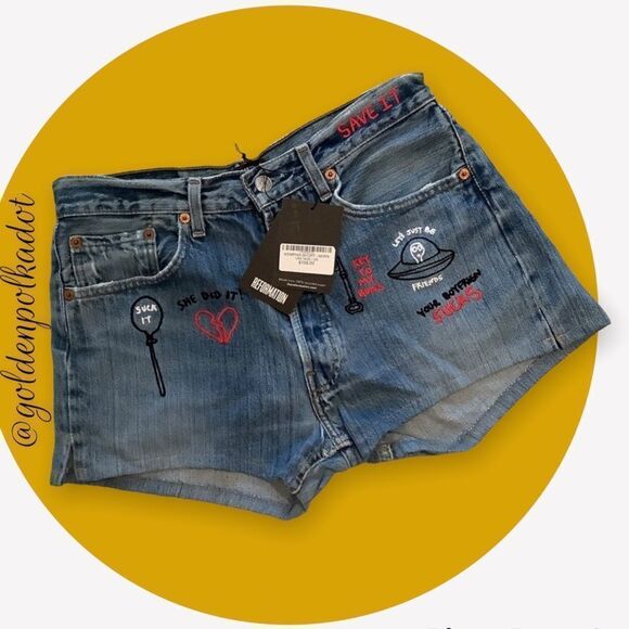 REDONE Reformation Vintage Levi’s embroidered high rise jean shorts size 26 NWT - Picture 5 of 14